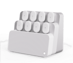 White electric plug organizer securely holds eight sockets
