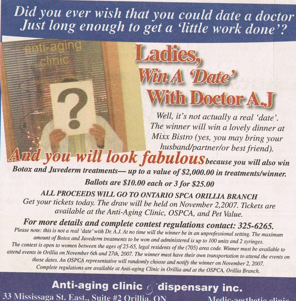Flyer for a contest to win a date with Doctor A.J. at an anti-aging clinic