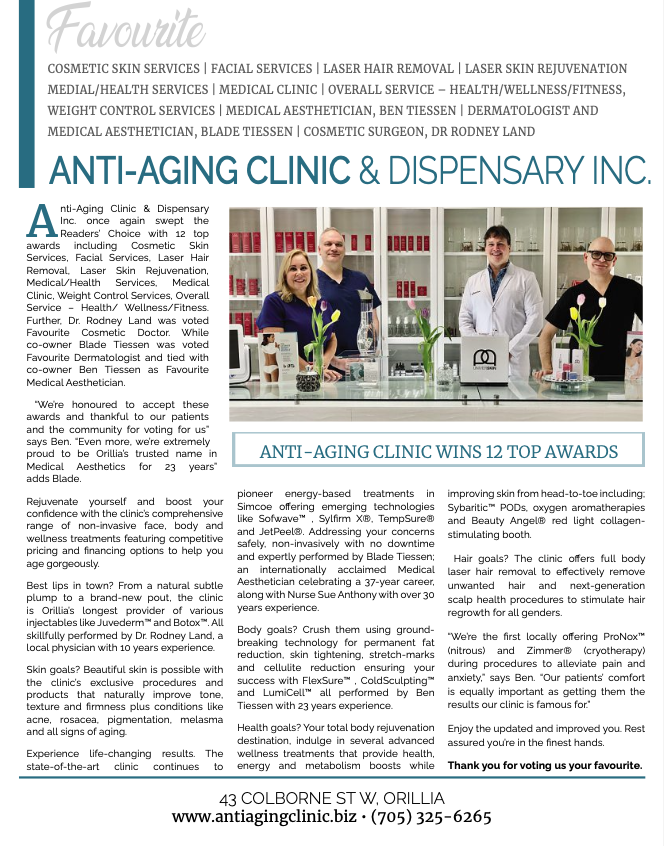 Anti-aging clinic wins 12 awards, featured services and team photo