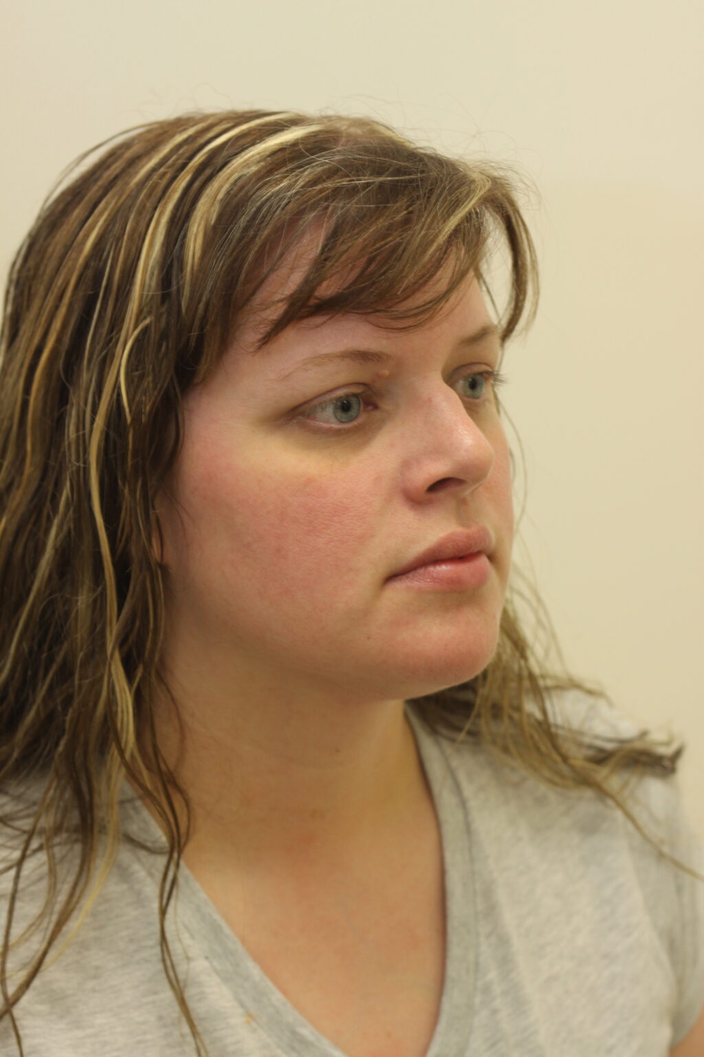 Woman with brown hair and highlights wearing a grey shirt