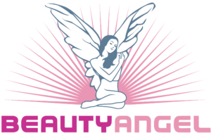 Beauty Angel logo with angel silhouette and radiant wings