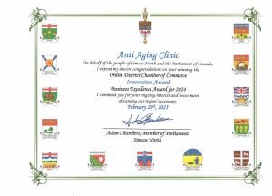 Award certificate for Anti Aging Clinic, 2024 Business Excellence Award