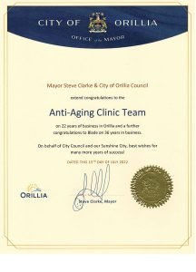 City of Orillia award certificate for Anti-Aging Clinic Team