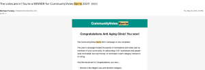 Email announcing CommunityVotes Barrie 2021 winners
