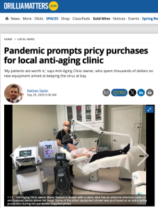 Anti-aging clinic owner Blade Tiessen with air filtration system during pandemic