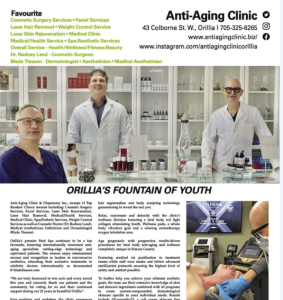 Promotional flyer for Orillia Anti-Aging Clinic with services and staff photos