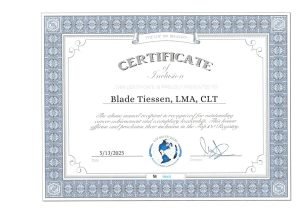 Certificate awarded to Blade Tiessen LMA CLT for outstanding leadership