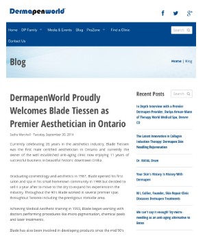 DermapenWorld blog post on Blade Tiessen as leading aesthetician in Ontario