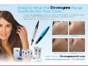 Dermapen clinic treatment advertisement featuring product range and skin improvement results