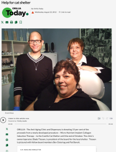 Orillia Clinic donating to local cat shelter with Beverley Ovington and Pat Biondi