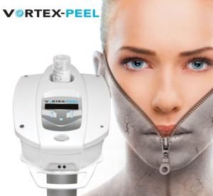 Vortex-Peel machine beside woman's face with zipper revealing smooth skin