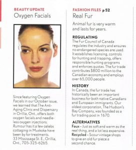 Promotional flyer featuring oxygen facials and information on real fur